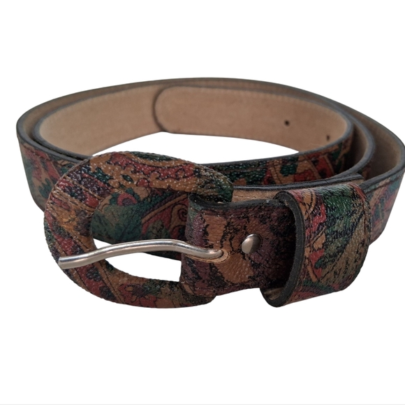 Woman's Leather Belt Vtg Tan Floral Design USA Size Medium 37.5"L x 1"W - Picture 1 of 7
